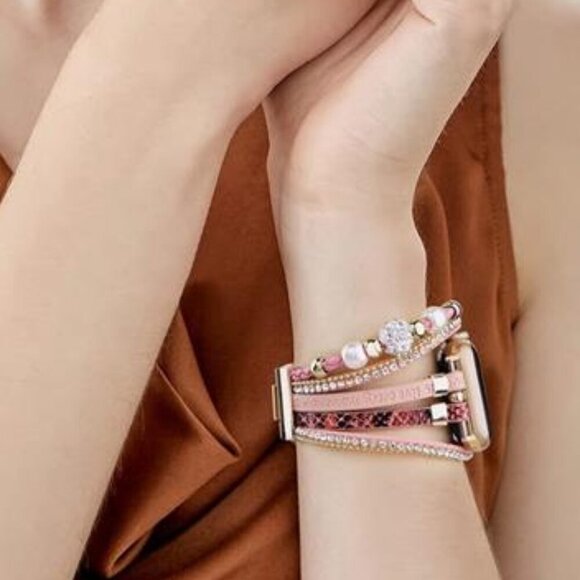 NEW Pink Boho Leather Beaded Apple iwatch Band